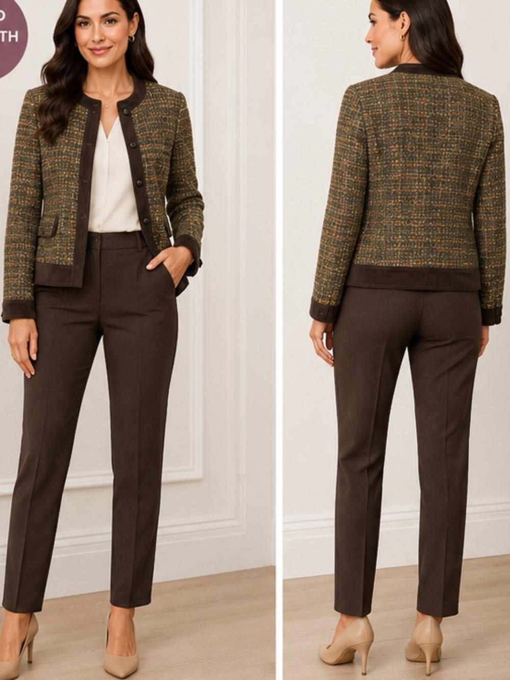 Talbots Womens Vintage Jacket 8P Tweed Button Front Brown Velvet Trim